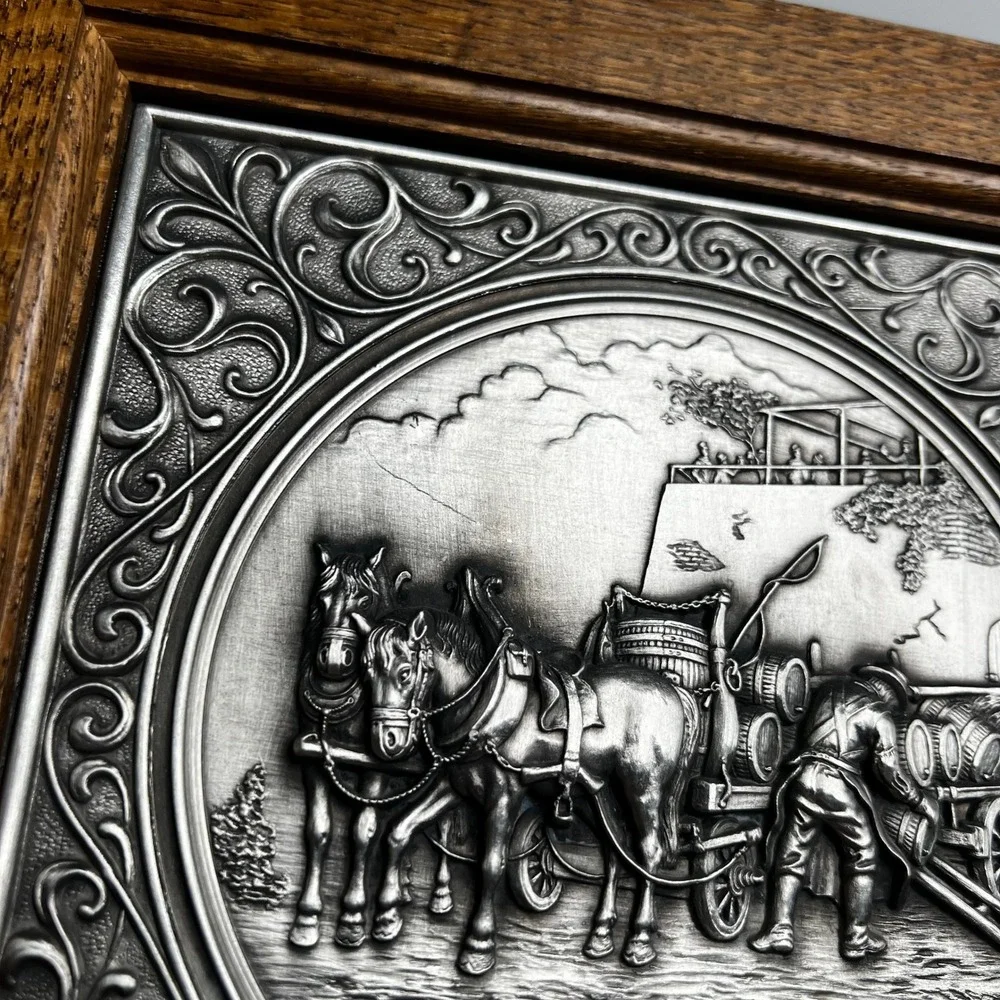 Vintage SKS Zinn 95 Pewter Relief Horse Beer Wagon Oak Key Cabinet Germany